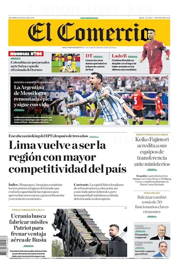 Portada de periódico con el logotipo 'El Comercio', la fecha 3 de julio de 2024, titulares y fotografías de Lionel Messi, Cristiano Ronaldo y Volodymyr Zelensky