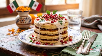 Torre de hotcakes cubiertos con salsa blanca, semillas de granada, nueces y perejil, acompañados de cubiertos y pequeñas banderas de México.