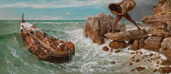 Pintura muestra a un gigante de piel oscura lanzando una roca a un bote de remos con numerosos hombres en un mar agitado junto a rocas escarpadas