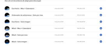 Seis enlaces de descarga para fondos de pantalla de escritorio y móvil. Cada enlace tiene un icono, descripción, fecha, formato PNG y botón