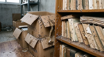 Decenas de pececillos de plata sobre varias cajas de cartón apiladas y en los estantes de un librero lleno de libros viejos.