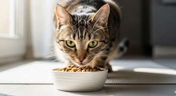 Un gato atigrado de ojos verdes se agacha frente a un plato blanco lleno de croquetas, solo olfatea la comida. La escena está iluminada con luz natural.