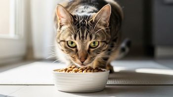 Gato atigrado olfatea su plato de alimento bajo la luz natural - VisualesIA ScribNews