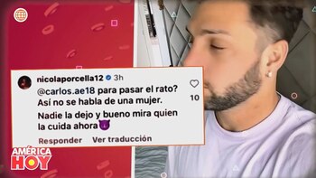 Nicola Porcella defendiendo a Flavia Laos de un detractor que cuestionó sus constantes salidas nocturas. Captura/América TV