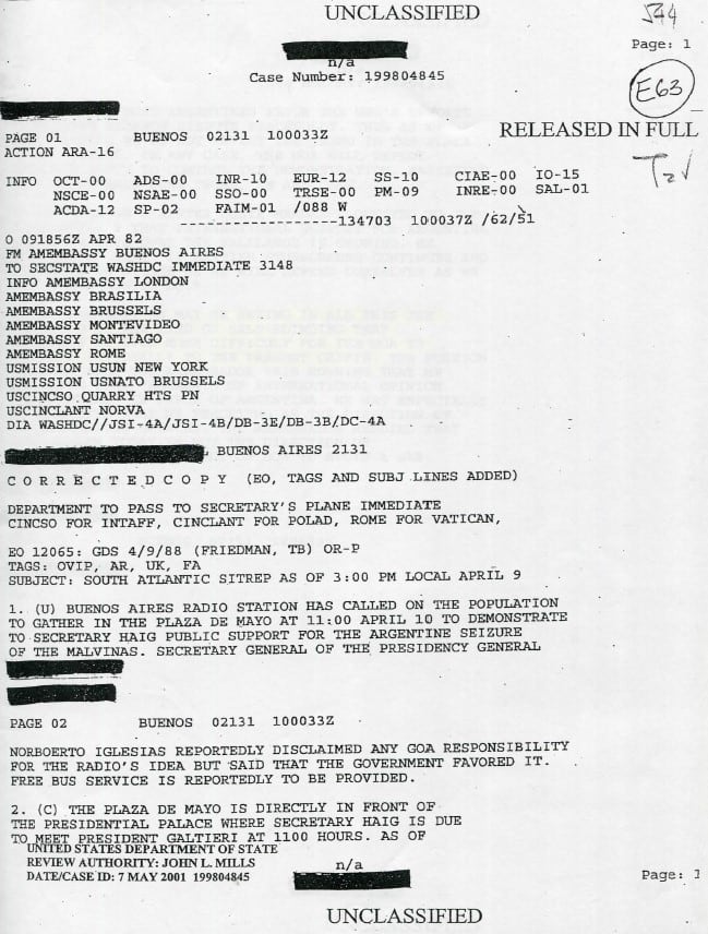 Documentación desclasificada sobre la convocatoria por radio hacia la Plaza de Mayo el 10 de abril
