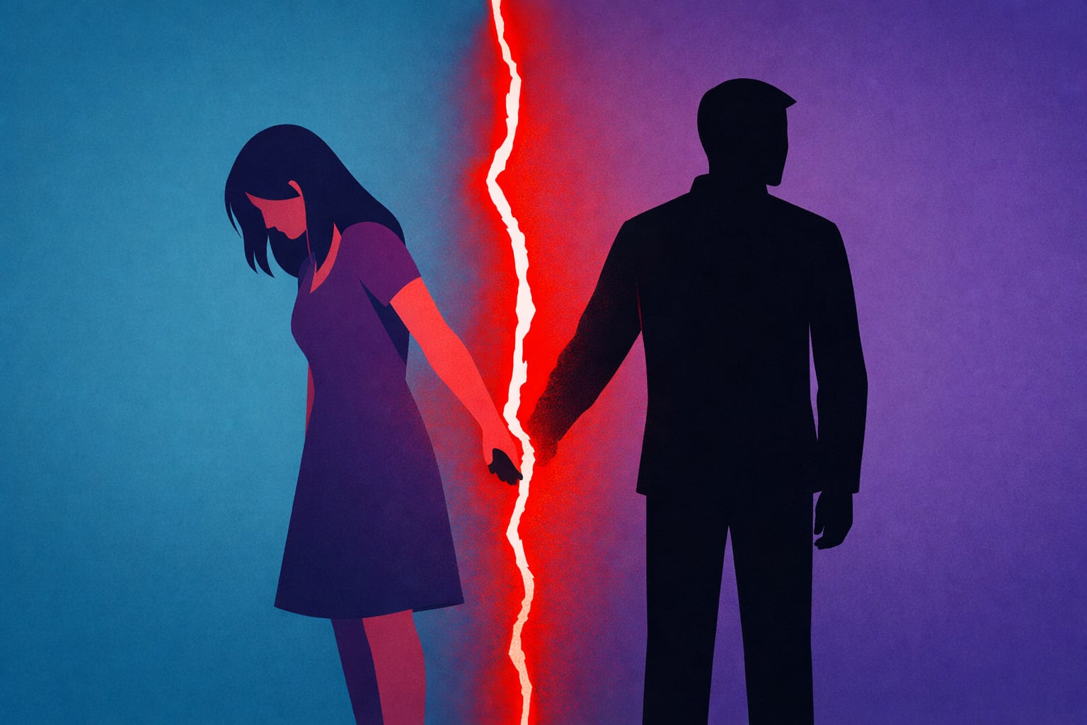 Una ilustración editorial muestra una grieta roja intensa que atraviesa la unión de una pareja tomada de la mano, con la figura femenina vulnerable y la masculina rígida. (Imagen Ilustrativa Infobae)