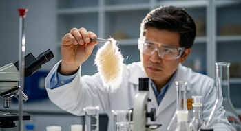 Un hombre vestido con bata de laboratorio y gafas de seguridad sostiene una muestra de lana blanca con pinzas, junto a microscopios y material de laboratorio.