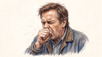 Ilustración de un hombre adulto con cabello castaño, ojos cerrados y expresión de esfuerzo, tosiendo y cubriéndose la boca con el puño.
