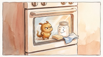 Dibujo de un horno con un personaje marrón de grasa frente a un frasco blanco sonriente, una esponja y un paño azul.