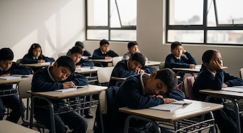 Niños con uniforme escolar sentados en pupitres de un aula; varios tienen la cabeza apoyada en los brazos sobre el escritorio y otros miran al frente.