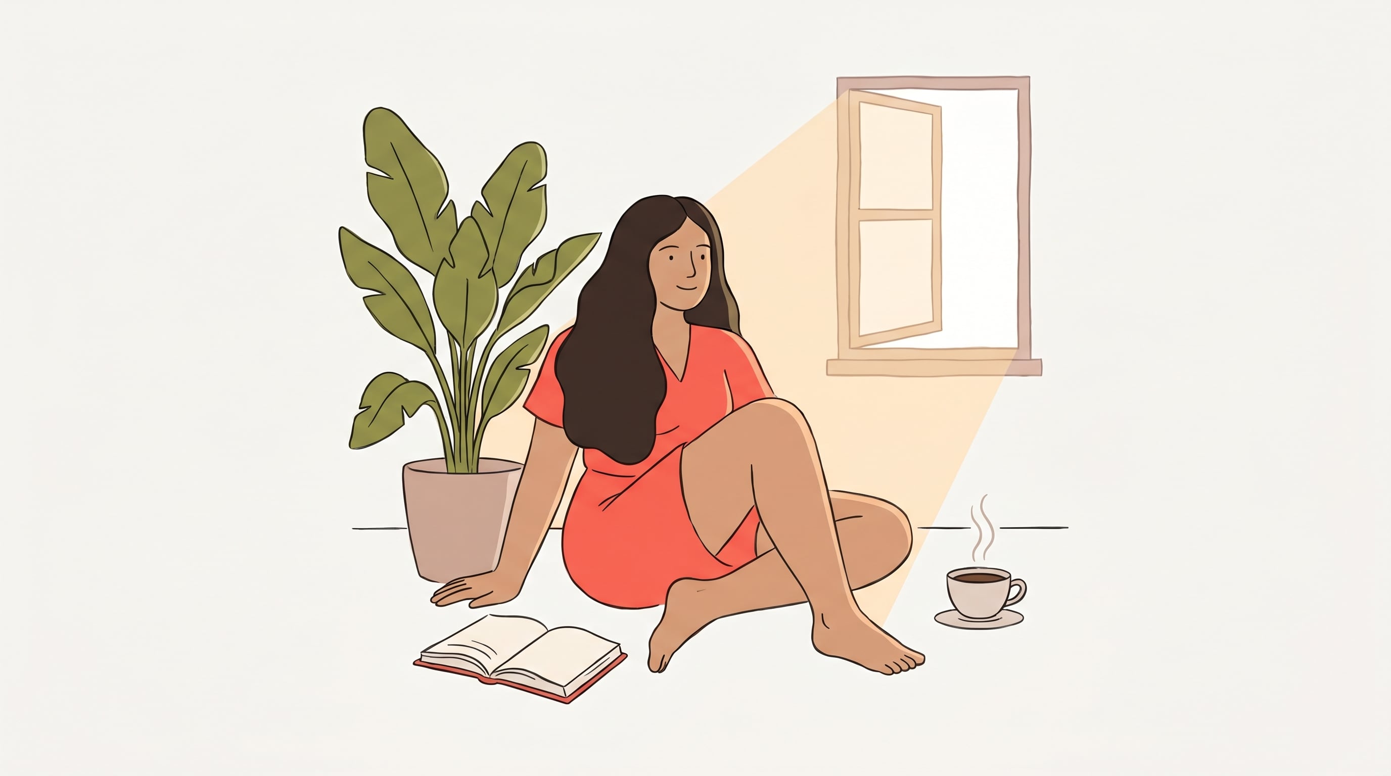 Ilustración de una mujer mexicana relajada, sentada en el suelo de su hogar luminoso con una planta, un libro abierto y una taza de café humeante, simbolizando bienestar y tranquilidad. (Imagen Ilustrativa Infobae)