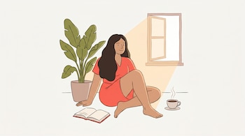 Ilustración de una mujer de piel morena y cabello oscuro sentada en el suelo de una habitación minimalista, con una planta, un libro abierto y una taza de café. Luz entra por una ventana.