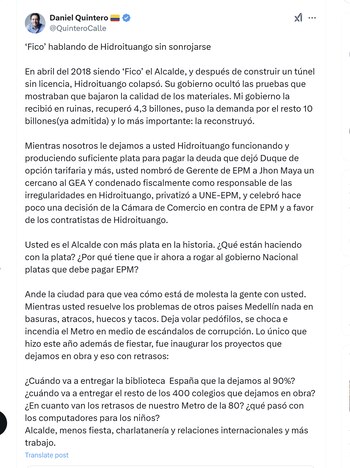 El exalcalde Daniel Quintero cuestionó