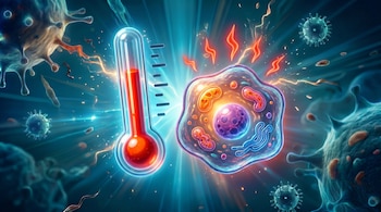 Termómetro con columna roja elevada, célula compleja con núcleo y orgánulos, y múltiples virus flotando en un fondo azulado.