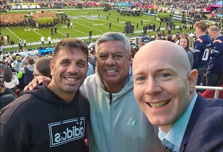 Claudio Chiqui Tapia, Andrés Patón Urich y Mattias Grafstrom, en la final del Super Bowl 2026 (Instagram)