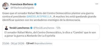 El exfiscal Francisco Barbosa calificó como “grave” que se hablara de una “guerra” contra el presidente electo e hizo un llamado a defender la democracia. - crédito @FBarbosaDelgado/X
