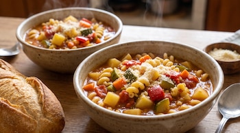 Dos cuencos con guiso de fideos y hortalizas picadas con queso, un trozo de pan y una cuchara de metal sobre una mesa de madera.
