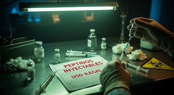 Manos con guantes preparan una jeringa con vial. En mesa: viales, jeringas, algodón, cartel 'Péptidos inyectables Uso Ilegal', símbolo de riesgo biológico.