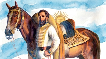 Pintura en acuarela de un hombre barbudo con uniforme militar blanco junto a un caballo marrón. Al fondo, franjas azules y blancas con el Sol de Mayo.