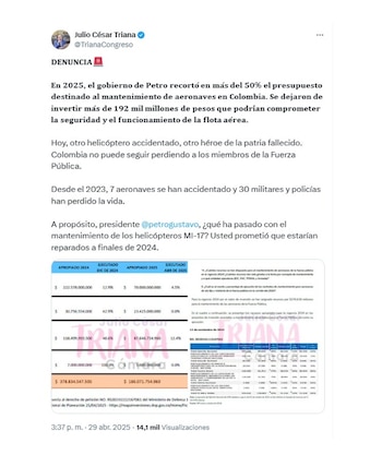 Julio César Triana denunció mal estado de los helicópteros de las FF. MM.