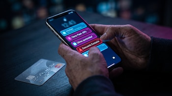Unas manos sostienen un teléfono inteligente con notificaciones de descuentos en la pantalla, con una tarjeta de crédito al lado.