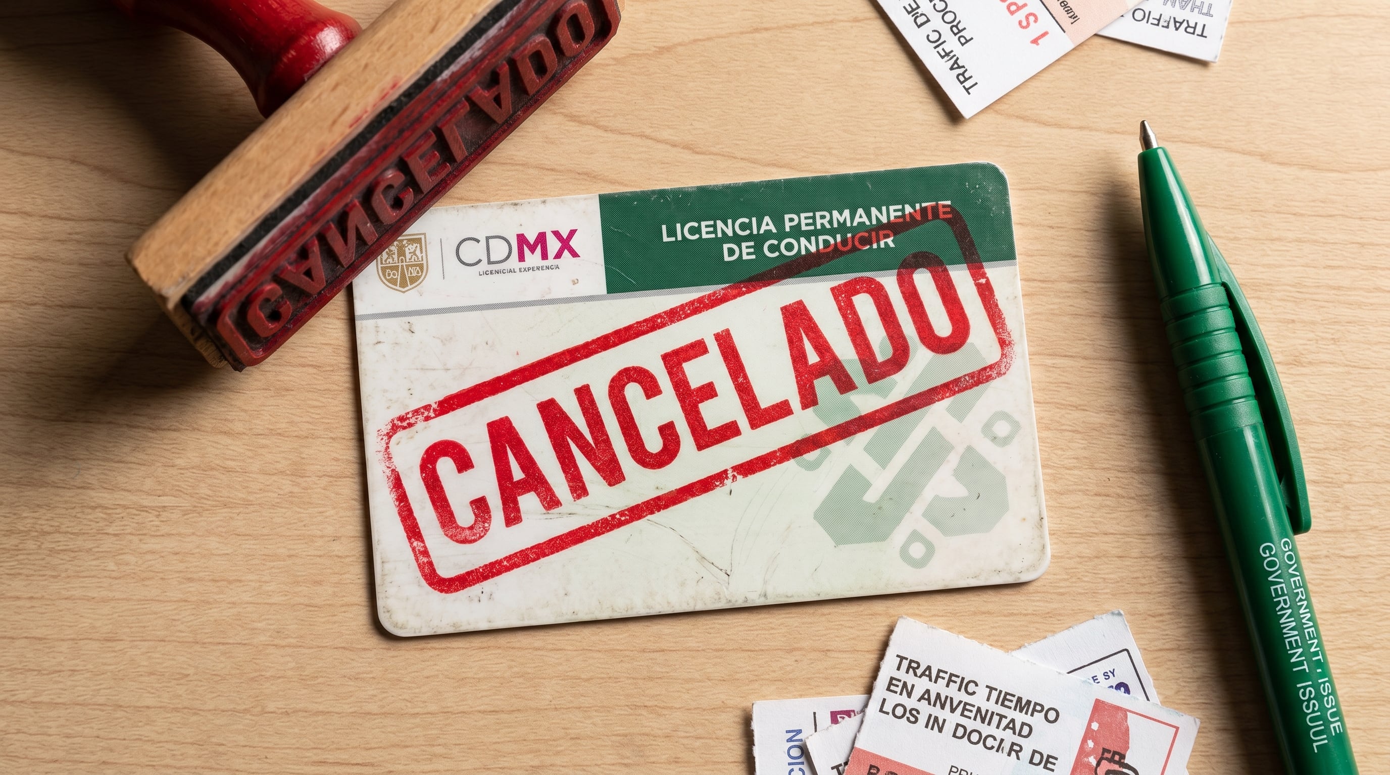 Una licencia de conducir permanente de la CDMX con un sello de 'CANCELADO' se muestra sobre una mesa de madera, rodeada de multas de tránsito y un bolígrafo, simbolizando la pérdida de privilegios por infracciones. (Imagen Ilustrativa Infobae)