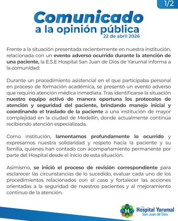 Comunicado oficial emitido por el Hospital San Juan de Dios de Yarumal el 22 de abril, en el que reconoce el evento adverso y anuncia investigación interna - crédito Hospital San Juan de Dios de Yarumal