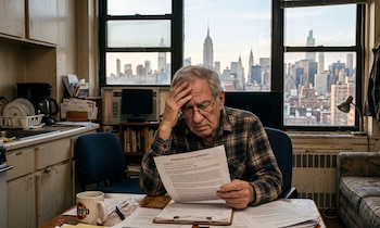 Un anciano sentado a una mesa con un contrato de alquiler en sus manos y la mano en la frente. Detrás, la vista de rascacielos de Nueva York