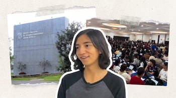 Joven sobre collage de fachada de Escuela Nacional de Estudios Superiores Unidad Morelia y salón con múltiples personas sentadas frente a laptops.