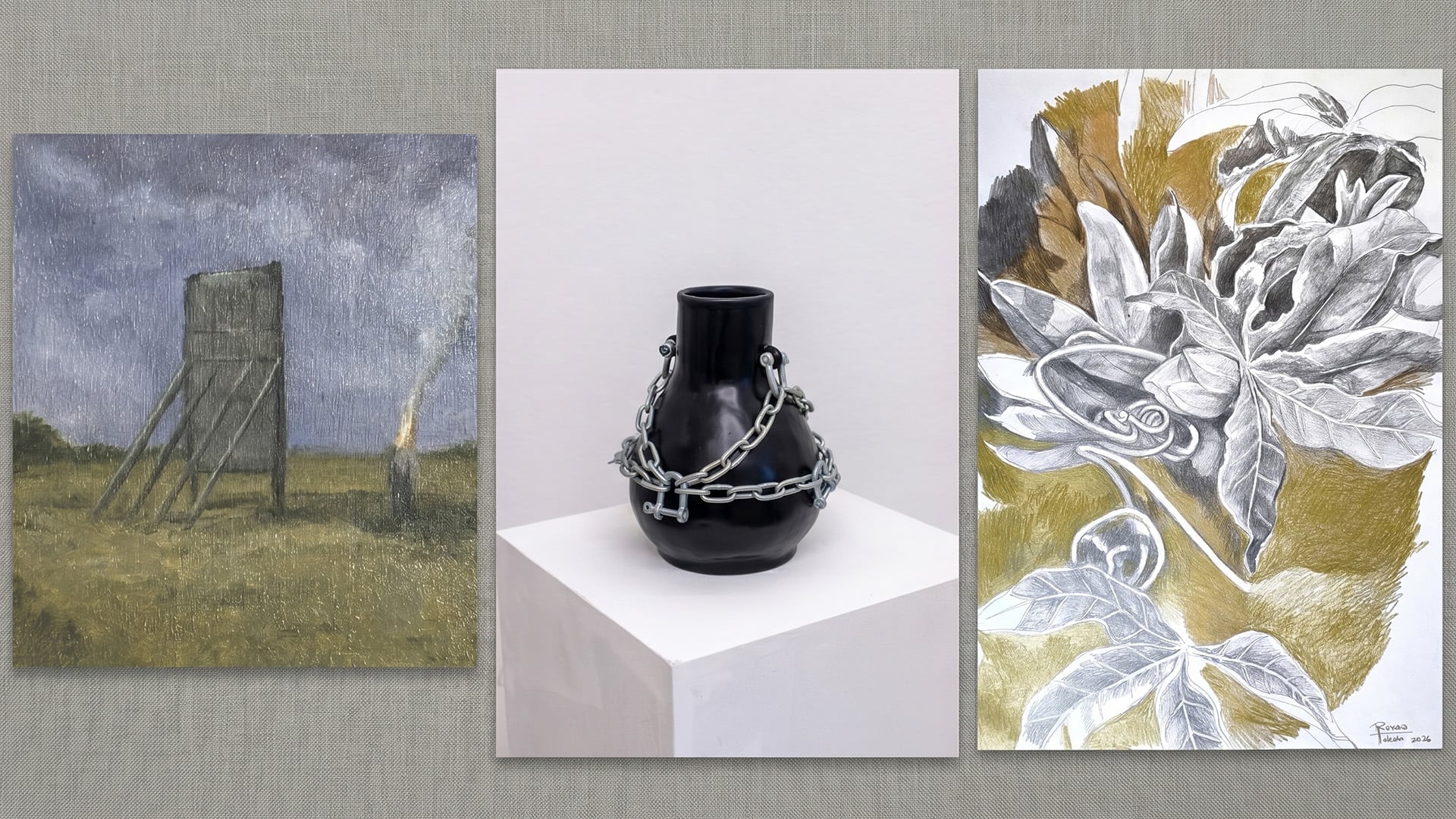 Pintura de César Pereyra (Yuyal), escultura de Carla Rivolta (MUDA) y dibujo de Roxana Toledo (Pasionaria(