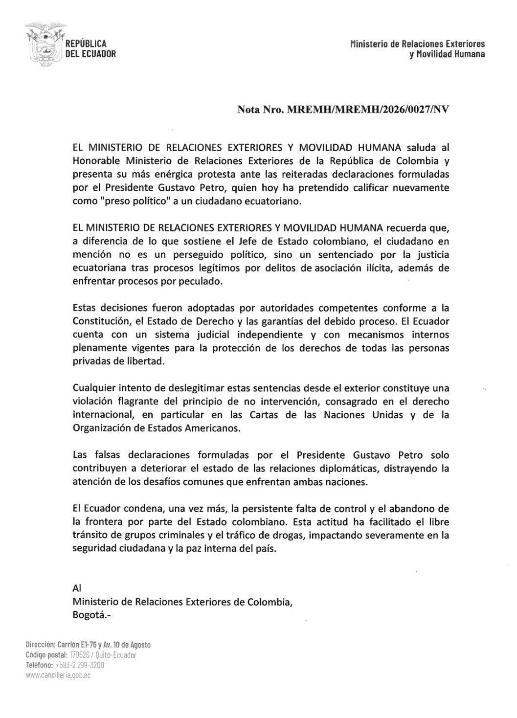 La Cancillería de Ecuador rechazó las declaraciones del presidente Gustavo Petro, quien calificó a Jorge Glas como “preso político” y pidió su liberación. - crédito Cancillería de Ecuador