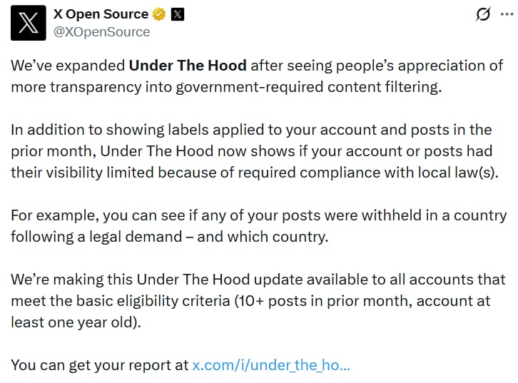 La plataforma de X permite revisar las etiquetas asignadas a perfiles y posteos, incluidas las relacionadas con spam, contenido adulto o discurso de odio. (X: XOpenSource)