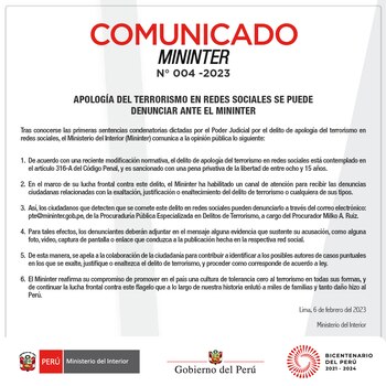 Comunicado publicado por el Ministerio