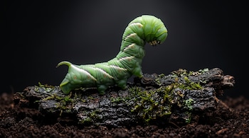 Oruga verde erguida sobre un trozo de corteza de árbol con musgo sobre fondo oscuro.