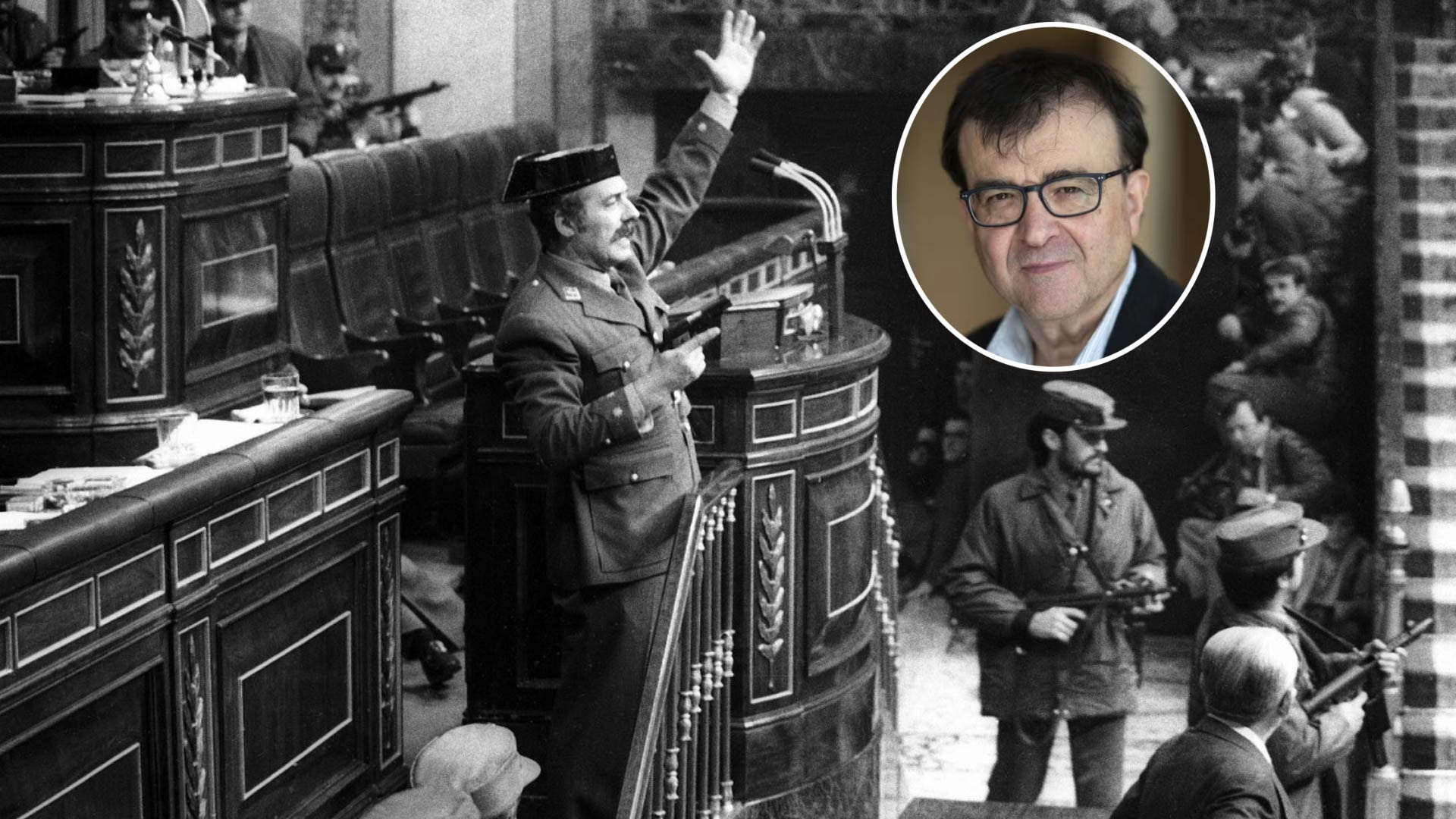 La imagen del teniente coronel Tejero durante el 23F se yuxtapone con un retrato del escritor Javier Cercas, cuya obra ha profundizado en el significado del intento de golpe de Estado.