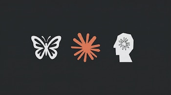 Tres logos, una mariposa blanca, una forma abstracta naranja y un perfil de cabeza blanca con una estrella, alineados horizontalmente sobre un fondo gris oscuro.