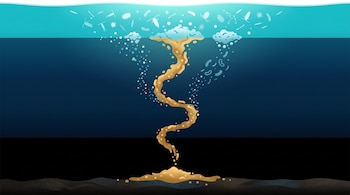 Ilustración de un corte vertical del mar con microorganismos arriba, una línea ondulada dorada en el centro y partículas acumuladas en el fondo.