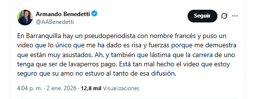 El ministro Armando Benedetti criticó a un periodista que hizo comentarios en su contra - crédito @AABenedetti/X