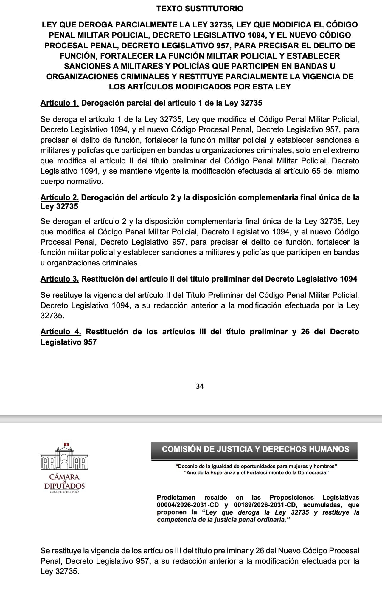 Un predictamen de la Comisión de Justicia del Congreso de Perú plantea derogar parcialmente la Ley 32735 para modificar el alcance de la justicia penal militar.