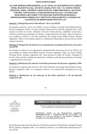 Páginas de un documento legislativo con artículos sobre la derogación de la Ley 32735 y el logotipo del Congreso del Perú