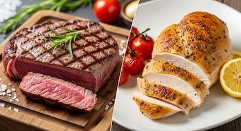 Imagen dividida mostrando carne roja cocida con romero y sal en una tabla de madera, y pollo asado rebanado con limón y tomates cherry en un plato blanco.