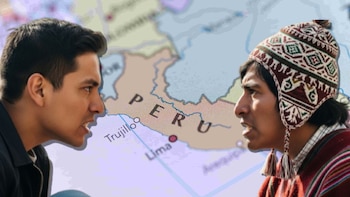 Dos hombres de perfil, uno con chaqueta y otro con chullo y poncho andino, se miran con expresiones tensas sobre un mapa de Perú