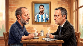 Caricatura de Manuel Adorni y Martín Insaurralde sentados en una mesa con tazas de café. Un retrato de Lionel Messi con camiseta argentina cuelga en la pared.