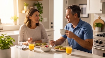 Hombre y mujer desayunan en una cocina con tostadas de aguacate, avena con frutos rojos, jugo de naranja y tazas de café.