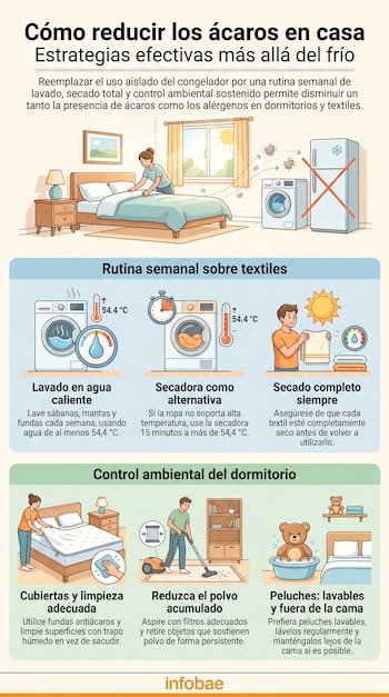 Infografía que detalla métodos para reducir ácaros en casa, mostrando lavado de ropa, secado, limpieza de dormitorio, aspirado y cuidado de peluches.