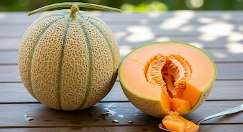 Un melón cantalupo entero y otro partido por la mitad sobre una mesa de madera. La mitad cortada muestra la carne naranja y las semillas, con trozos en una cuchara.