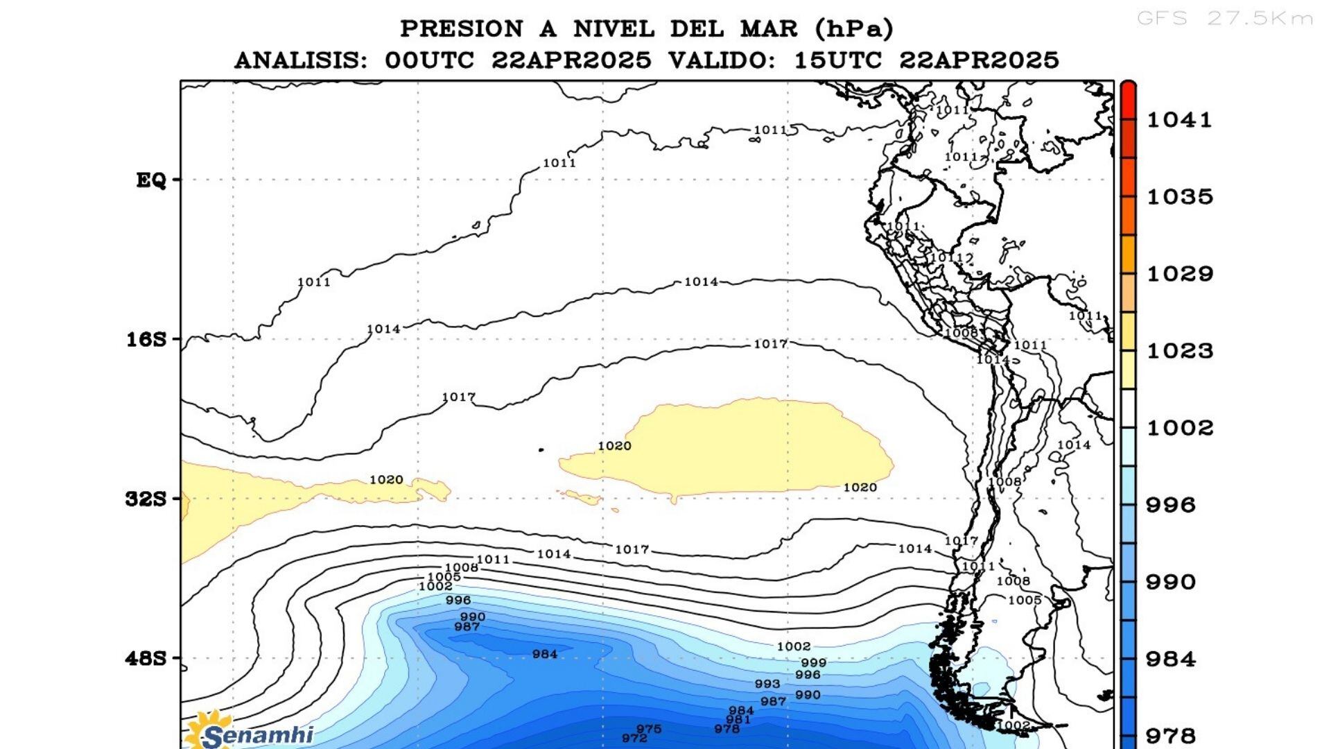 En una reciente publicación, el Senamhi detalló que el Anticiclón Pacífico Sur presenta un pulso extendido próximo a Sudamérica. (Credito: Senamhi)
