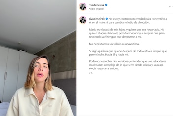 Mujer con cabello castaño claro habla a cámara, con sudadera crema, fondo de armario blanco y pared gris con una cruz; interfaz de Instagram