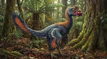 Dinosaurio bípedo con plumaje oscuro, naranja y blanco, que sostiene una fruta morada en el pico dentro de un bosque con helechos y árboles.