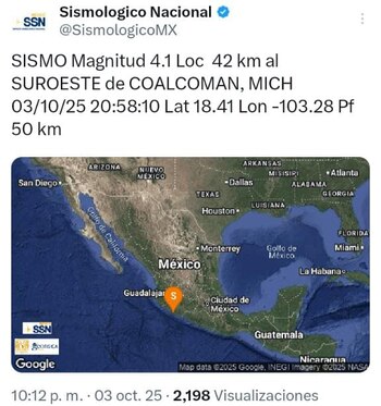 El Servicio Sismológico Nacional reportó la noche